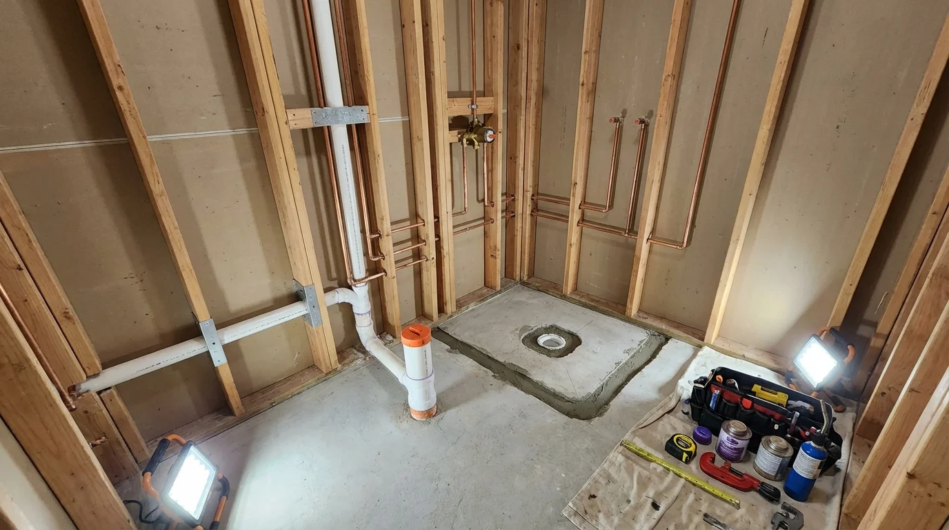 Bathroom rough-in plumbing during remodel by Johns Plumbing LLC in Dover