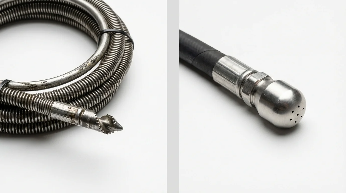 Drain snake cable and hydro jetting nozzle used for drain cleaning in Dover, NJ