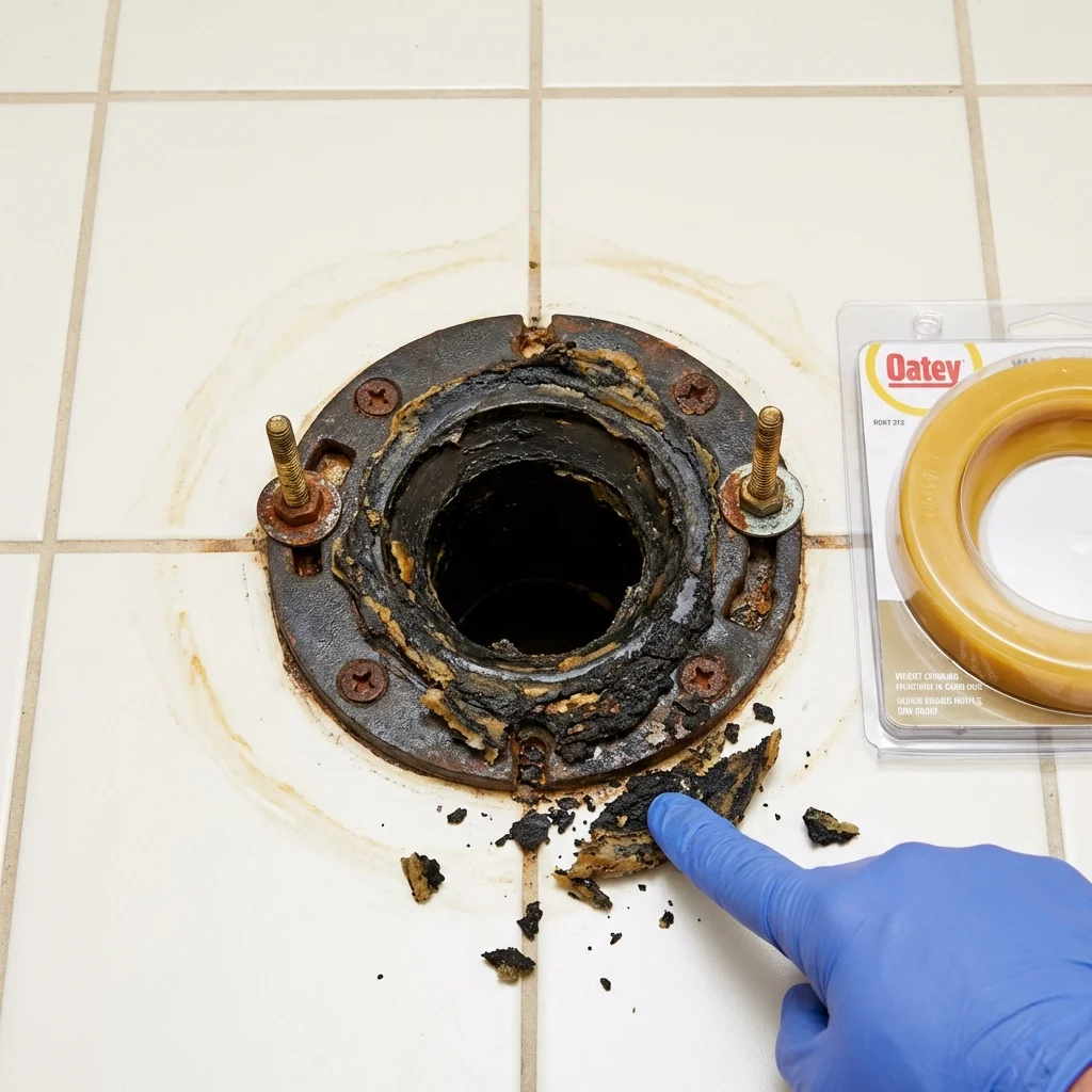 Failed wax ring showing water seepage at the base of a toilet in a Dover, NJ home